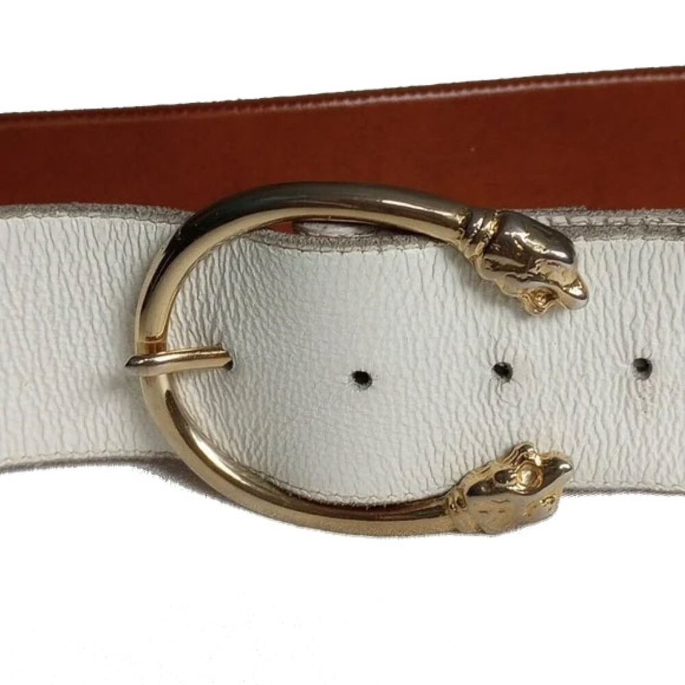 Faux Leather Textured Belt 27-30" Ivory with Gold Tone Buckle Lion Heads 50OFF3